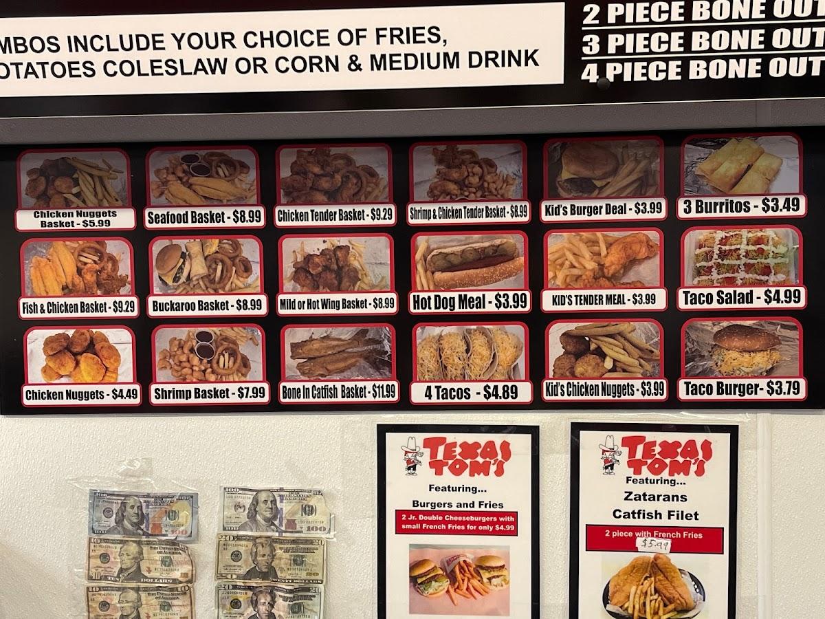 Menu at Texas Toms fast food, Kansas City, NE Parvin Rd 2050