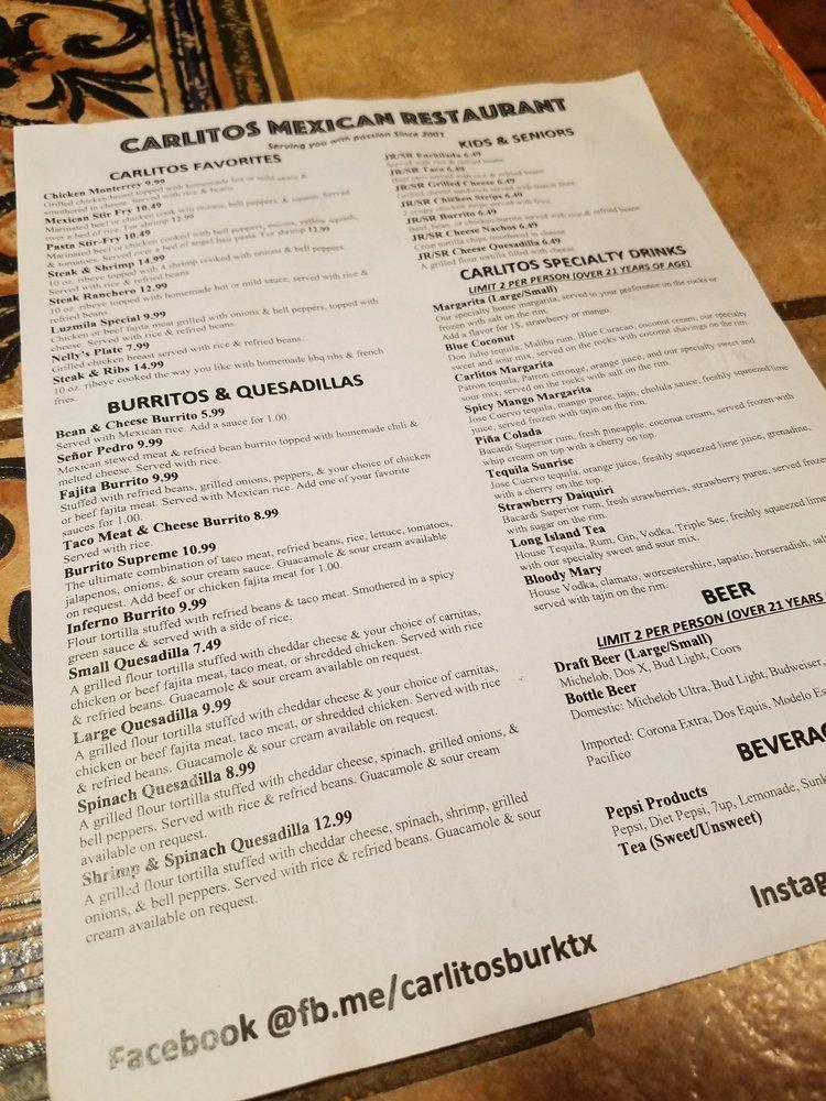 Menu at Carlitos Mexican Restaurant,