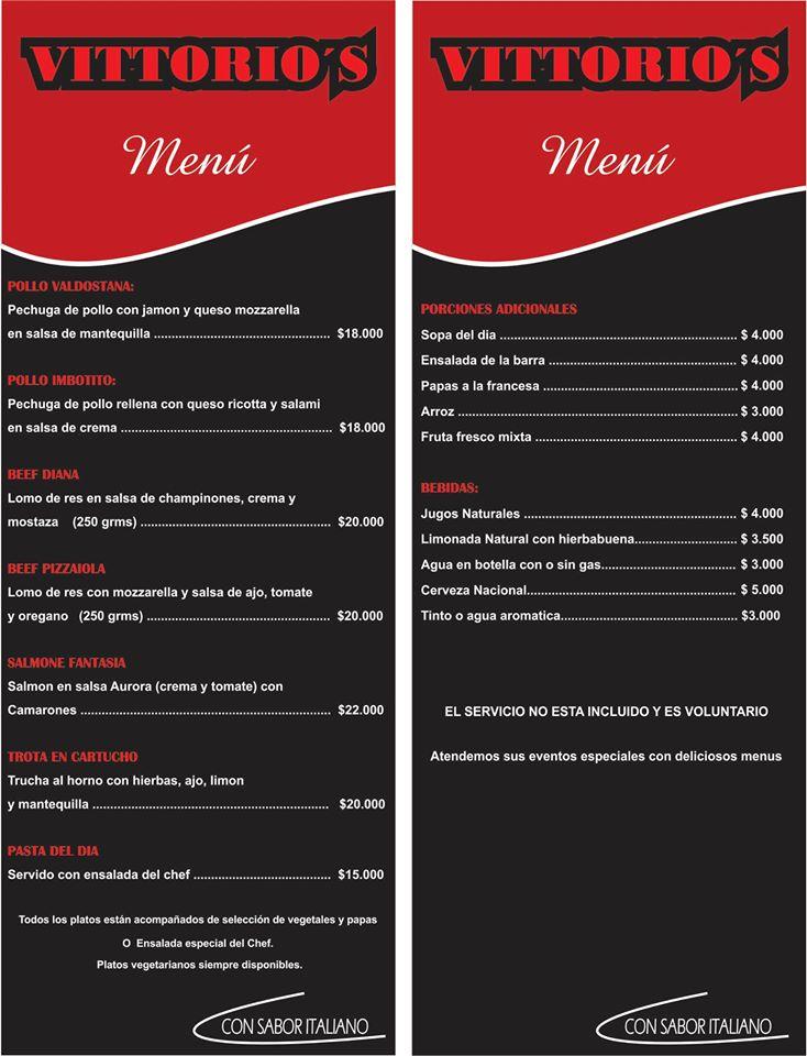 Menu at Vittorio's Bogotá restaurant, Bogotá