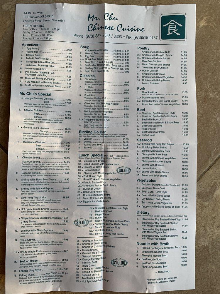 Menu at Mr. Chu restaurant, East Hanover