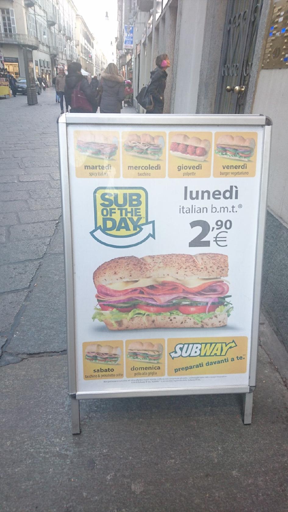 Menu au Subway fast food, Turin, Via Giuseppe Garibaldi