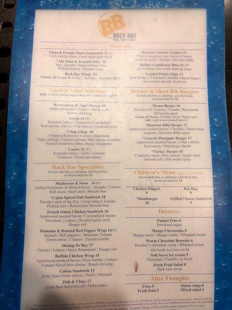 Menu at Back Bay Bar & Grill, Orlando