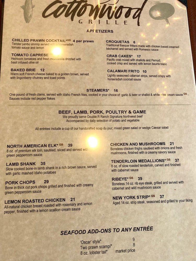 Menu at Cottonwood Grille pub & bar, Boise