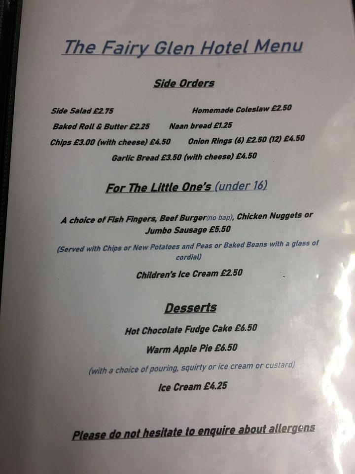 Menu at Fairy Glen Hotel pub & bar, Dwygyfylchi, Conwy Old Road