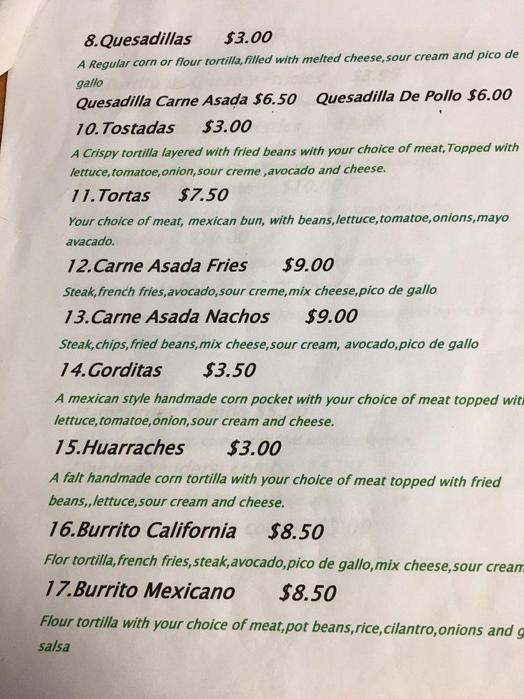 Menu at Las Delicias restaurant, Quincy