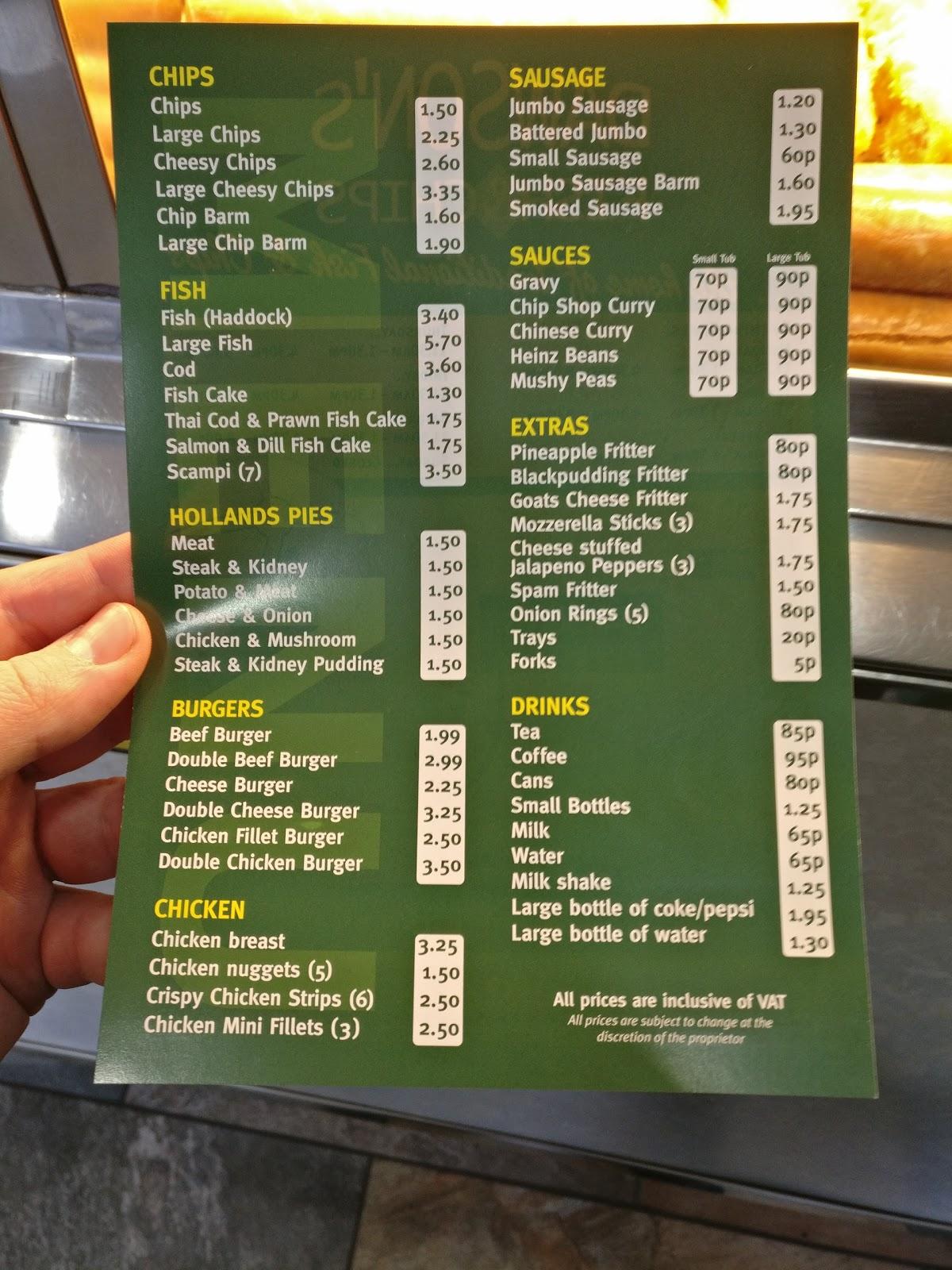 Menu at Dawson's Fish & Chips fast food, Freckleton