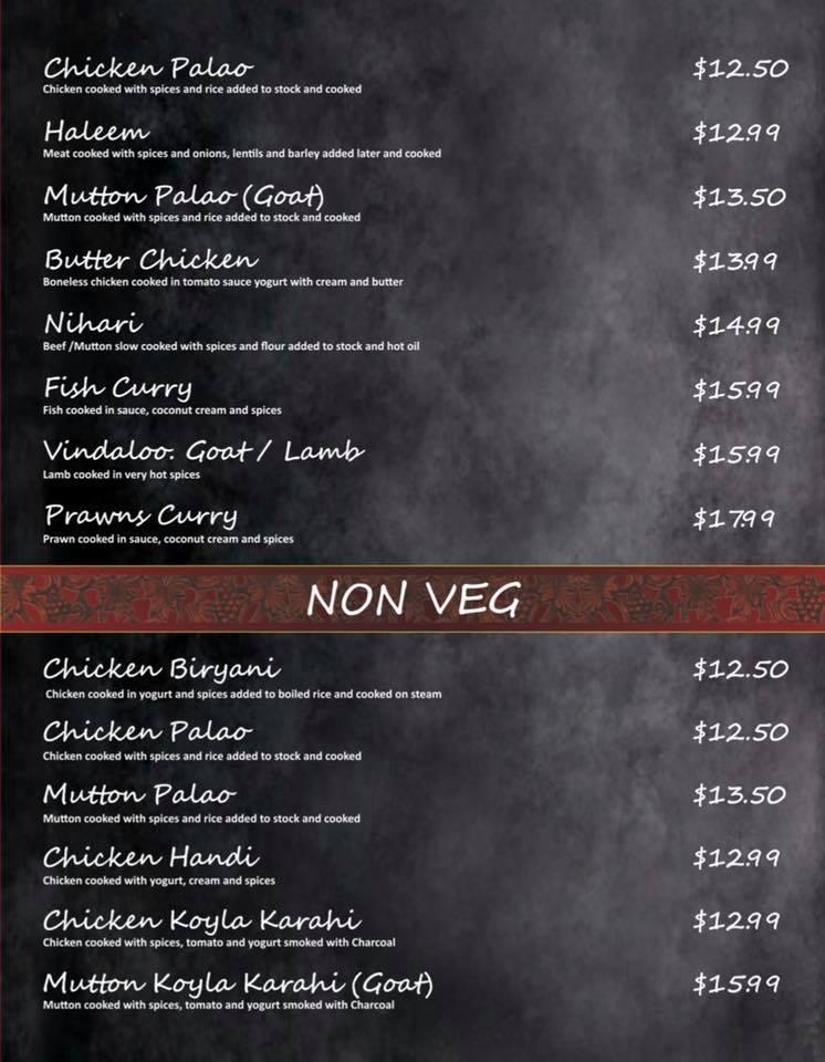 Menu at Flaming Karachi restaurant, East Cannington