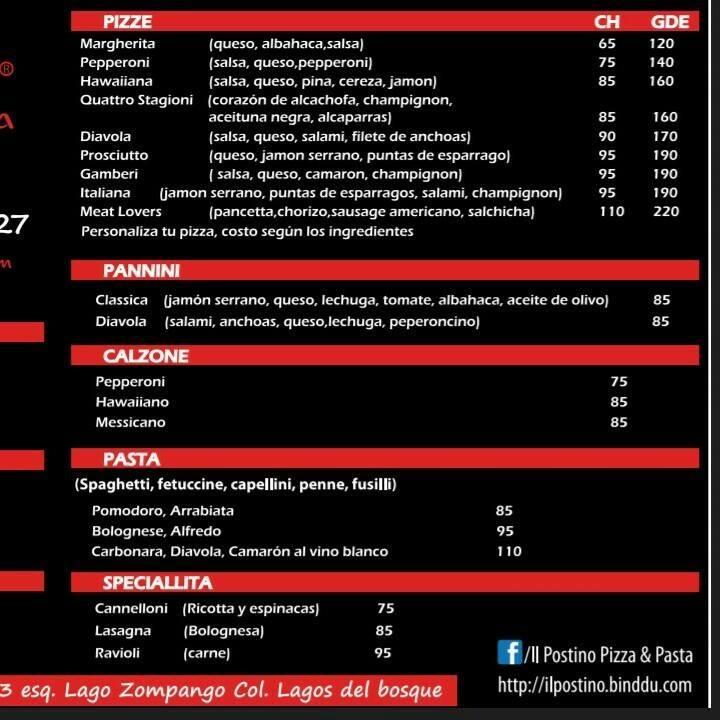 Menu at Il Postino Pizza & Pasta restaurant, Monterrey