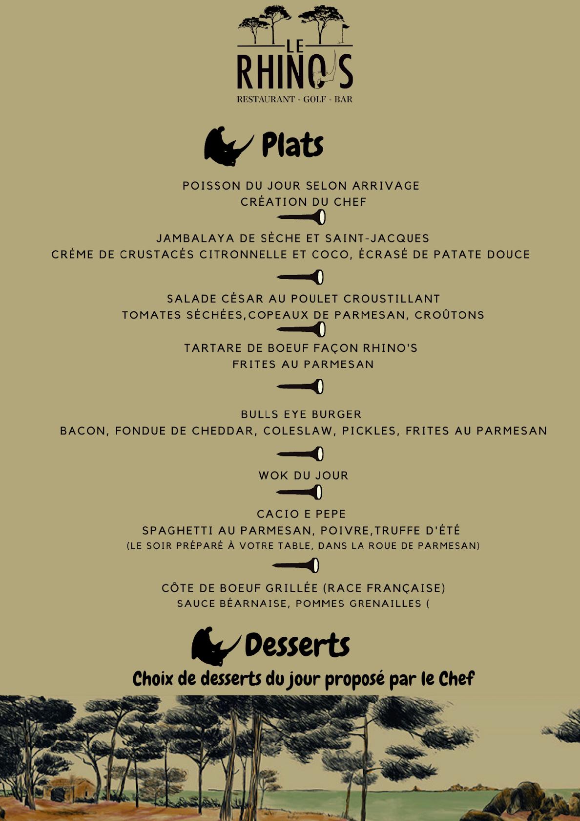 Menu au La Palmyre Golf Links Le Rhino's restaurant, Les Mathes