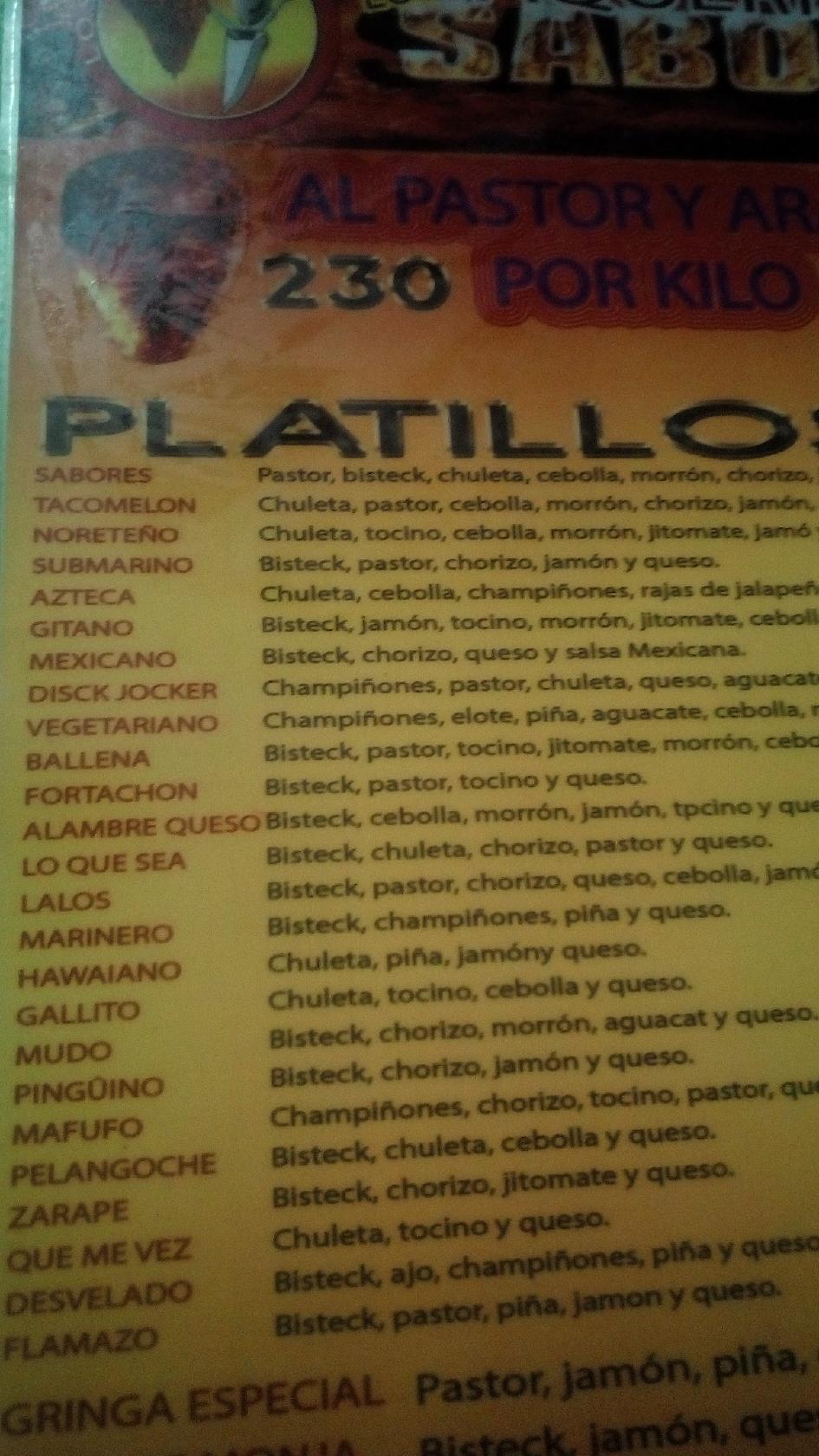 Menu at Taquería los sabores restaurant, Zacatepec de Hidalgo