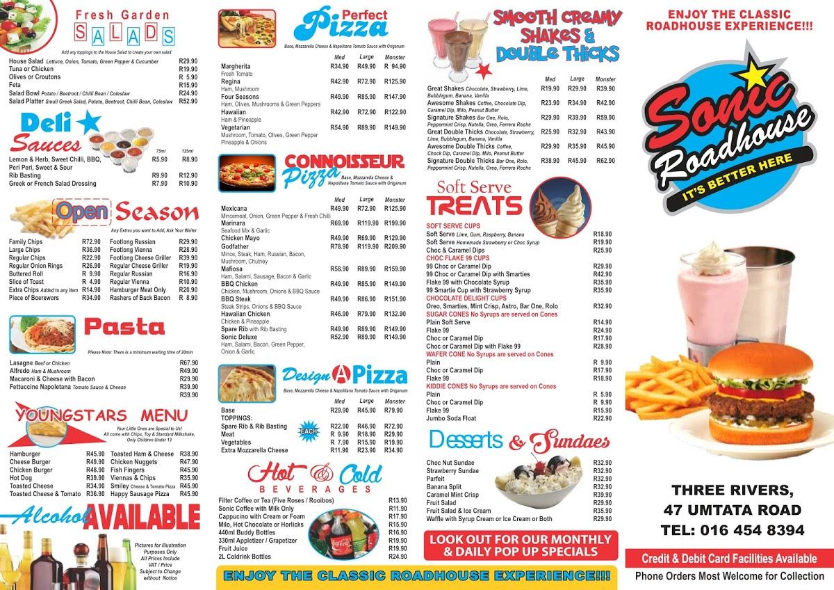 Menu at Sonic Roadhouse restaurant, Vereeniging