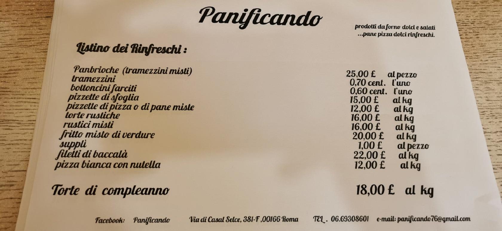 Menu di Panificando Roma 