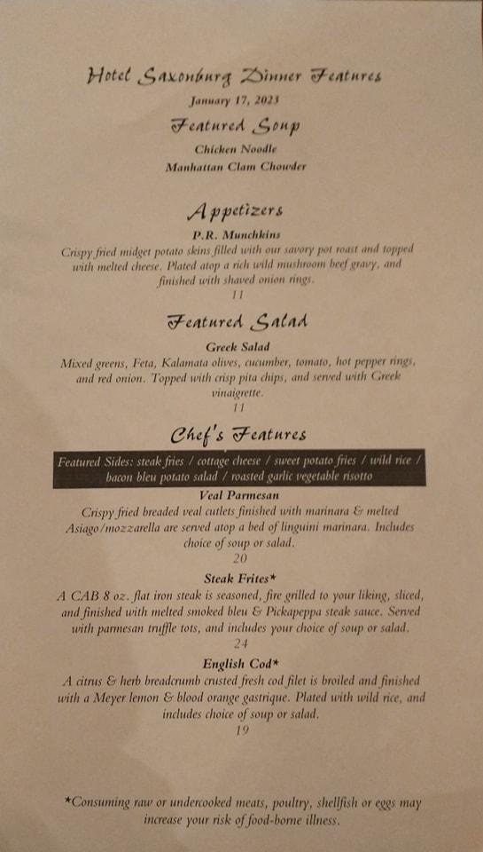 Menu at Hotel Saxonburg restaurant, Saxonburg