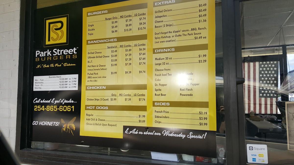 Menu at Park Street Burgers restaurant, Gatesville