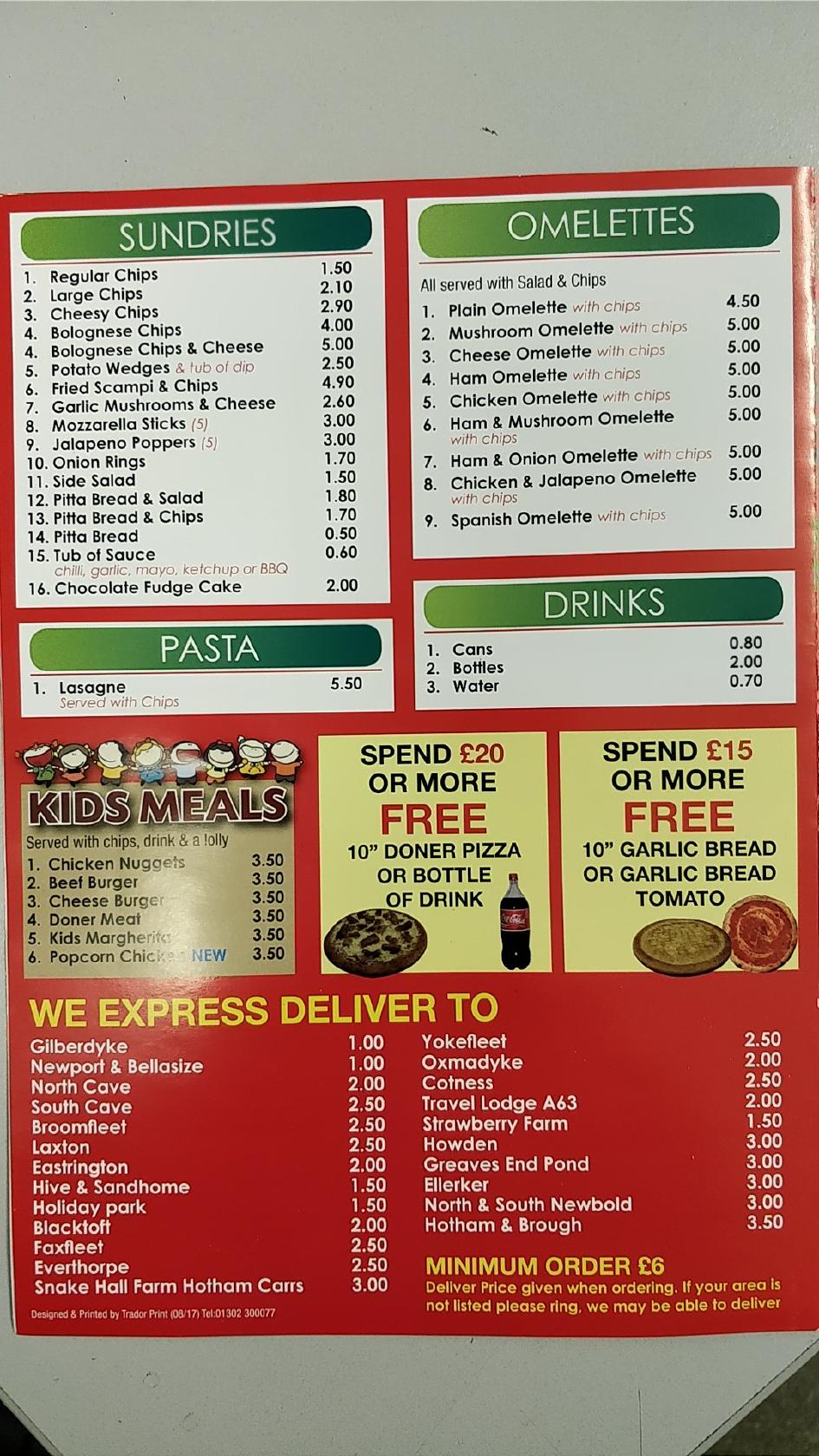 Menu at Pizza Place pizzeria, Gilberdyke