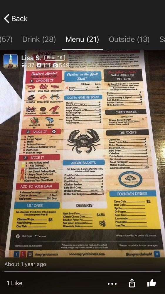 Menu at Angry Crab Shack restaurant, Peoria, W Cactus Rd
