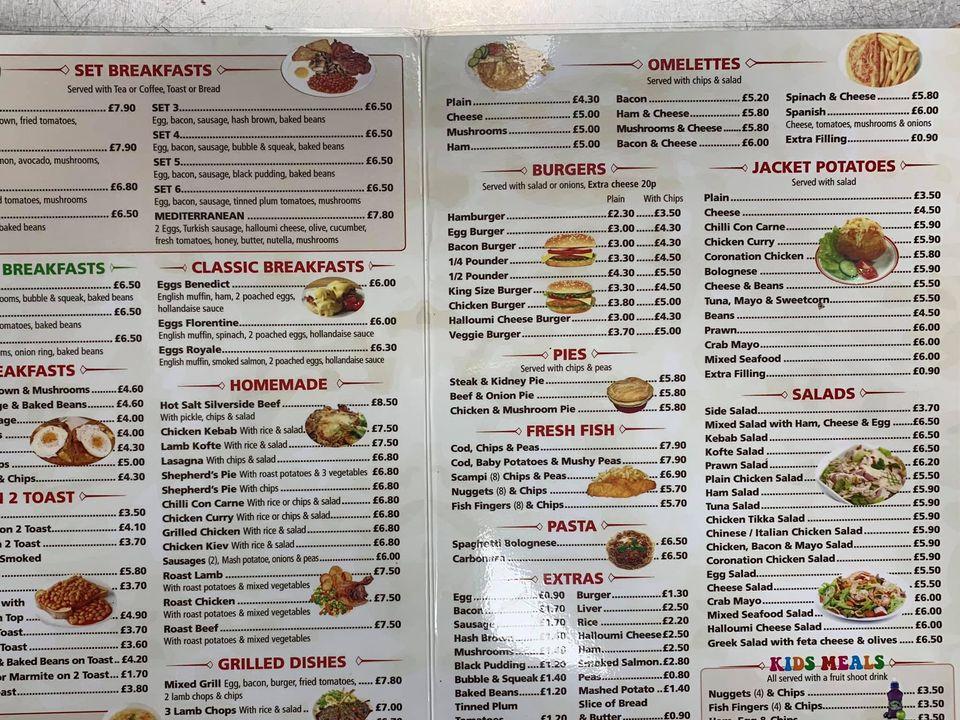 Menu at Bentleys cafe, Rayleigh