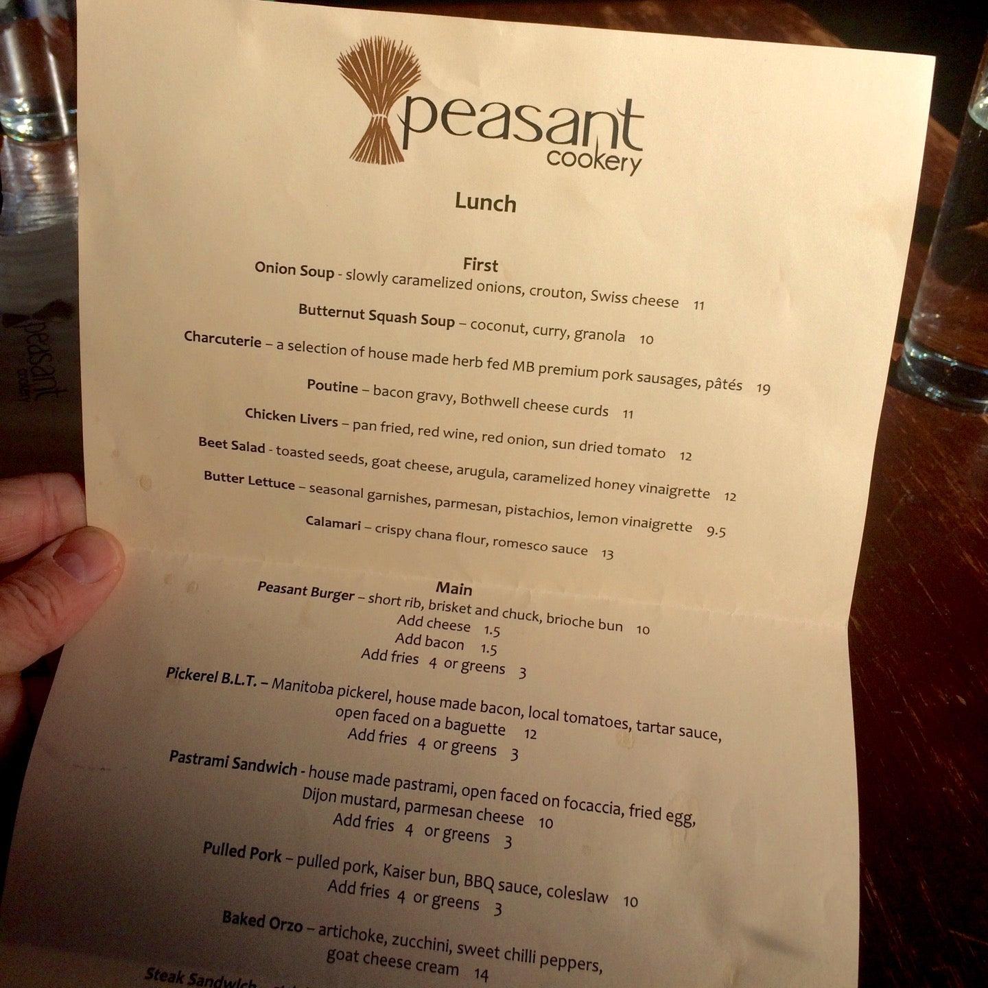 Menu at Peasant Cookery restaurant, Winnipeg
