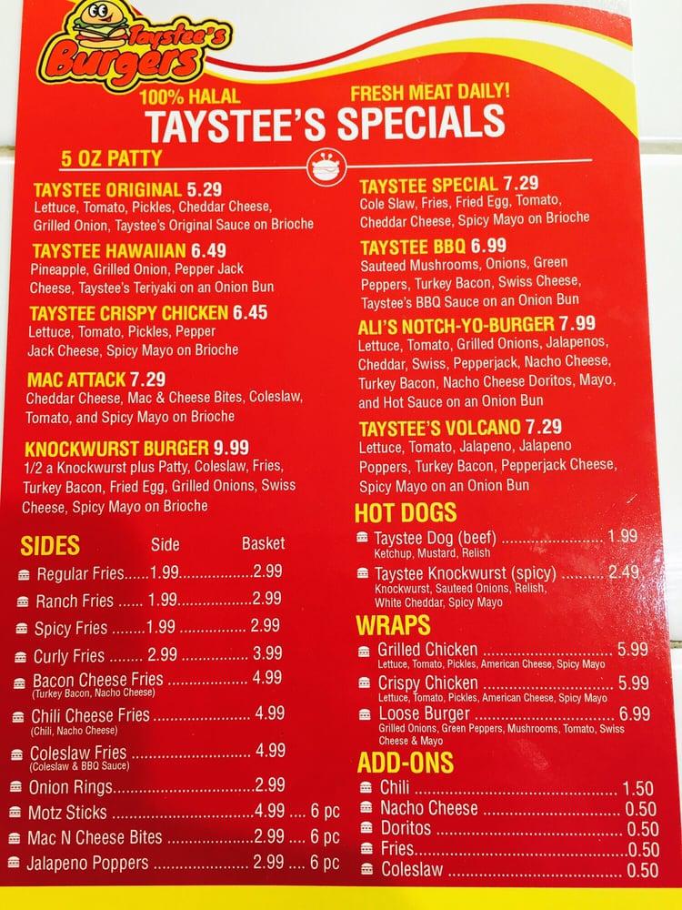 Menu at Taystee's Burgers fast food, Dearborn