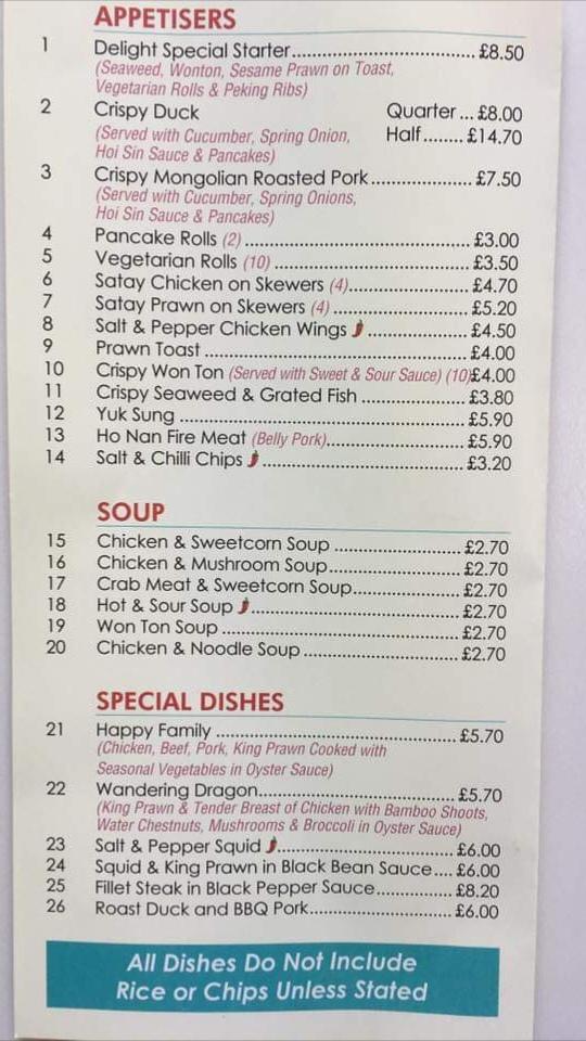 Menu at Delight Chinese Takeaway fast food, Mablethorpe