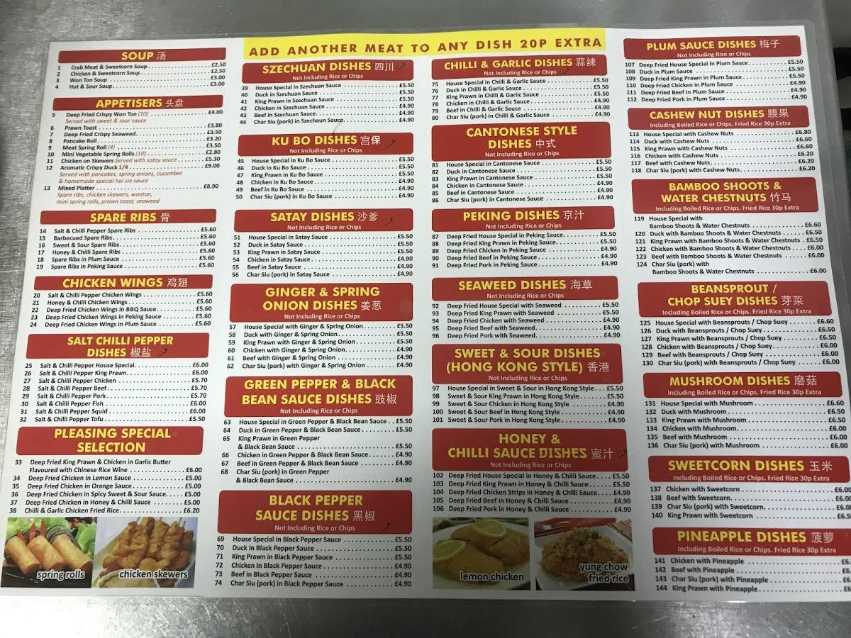 Menu at Pleasing Chinese Takeaway restaurant, Newcastle upon Tyne