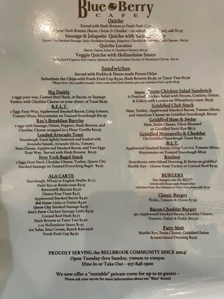 Menu at The Blue Berry Café Bellbrook desserts, Bellbrook