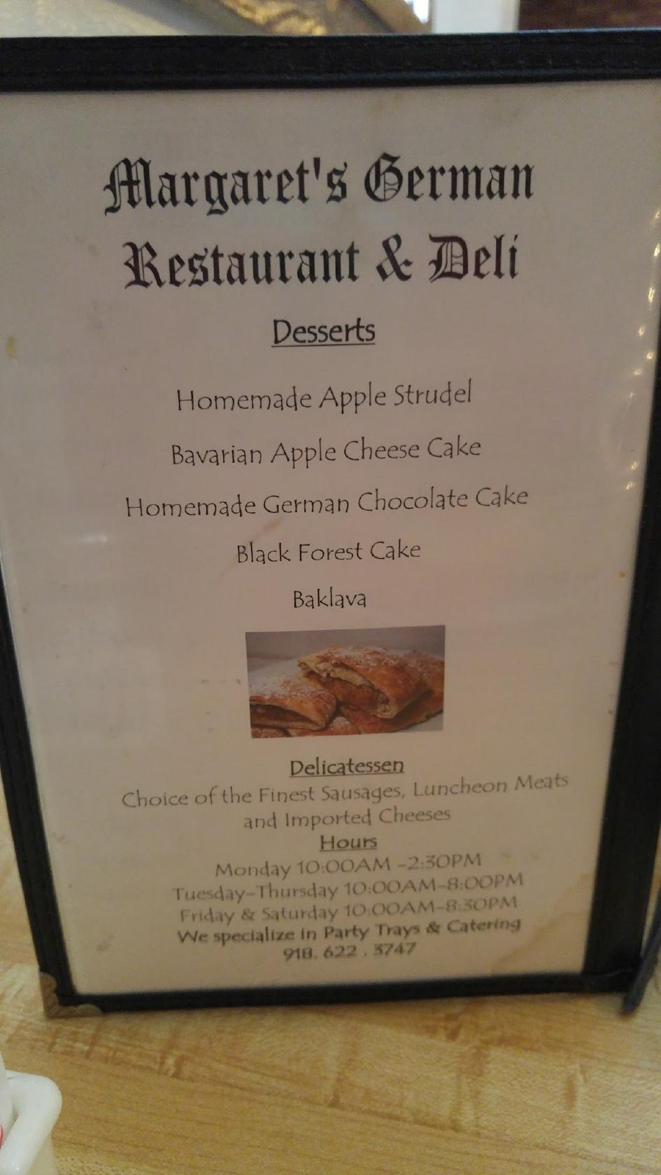 Menu at Margaret's German Restaurant, Tulsa, S Sheridan Rd