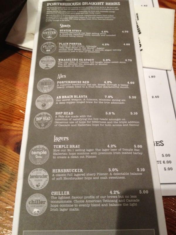 Menu at Porterhouse Temple Bar, Dublin, 1618 Parliament St