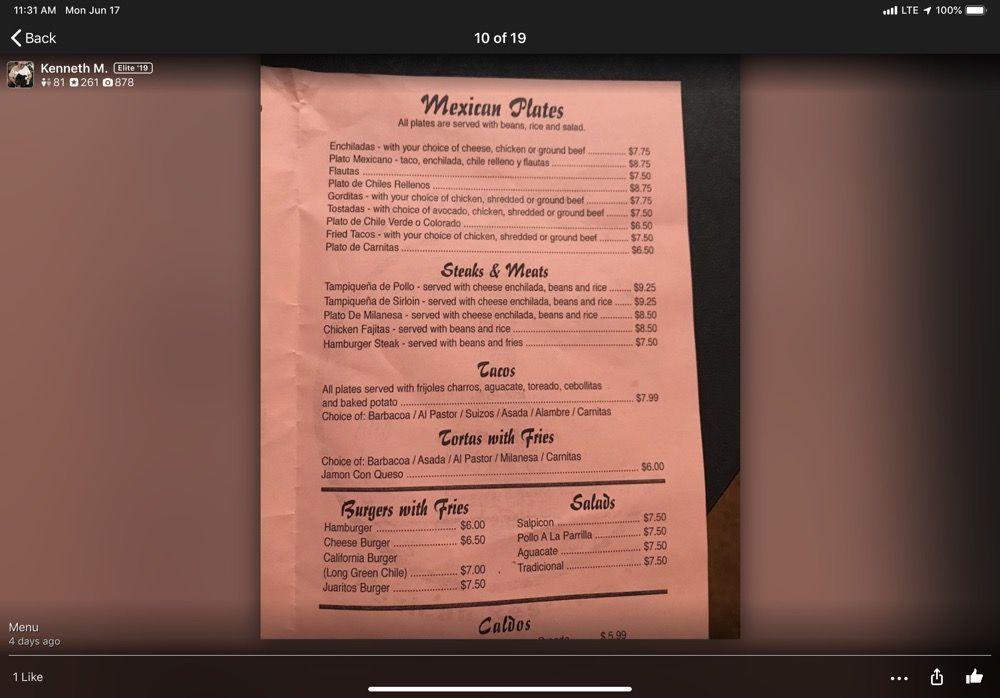 Menu at La Chimenea Mexican & Sea food Restaurant, El Paso