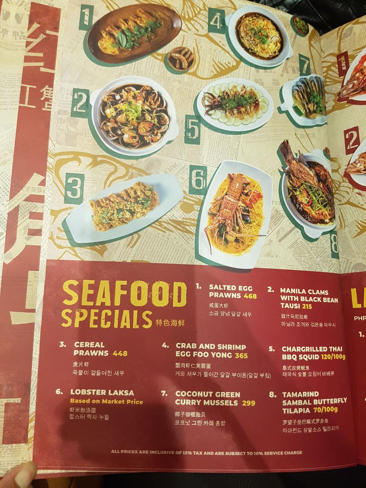 Menu at Crustasia Asian seafood market restaurant, Davao City