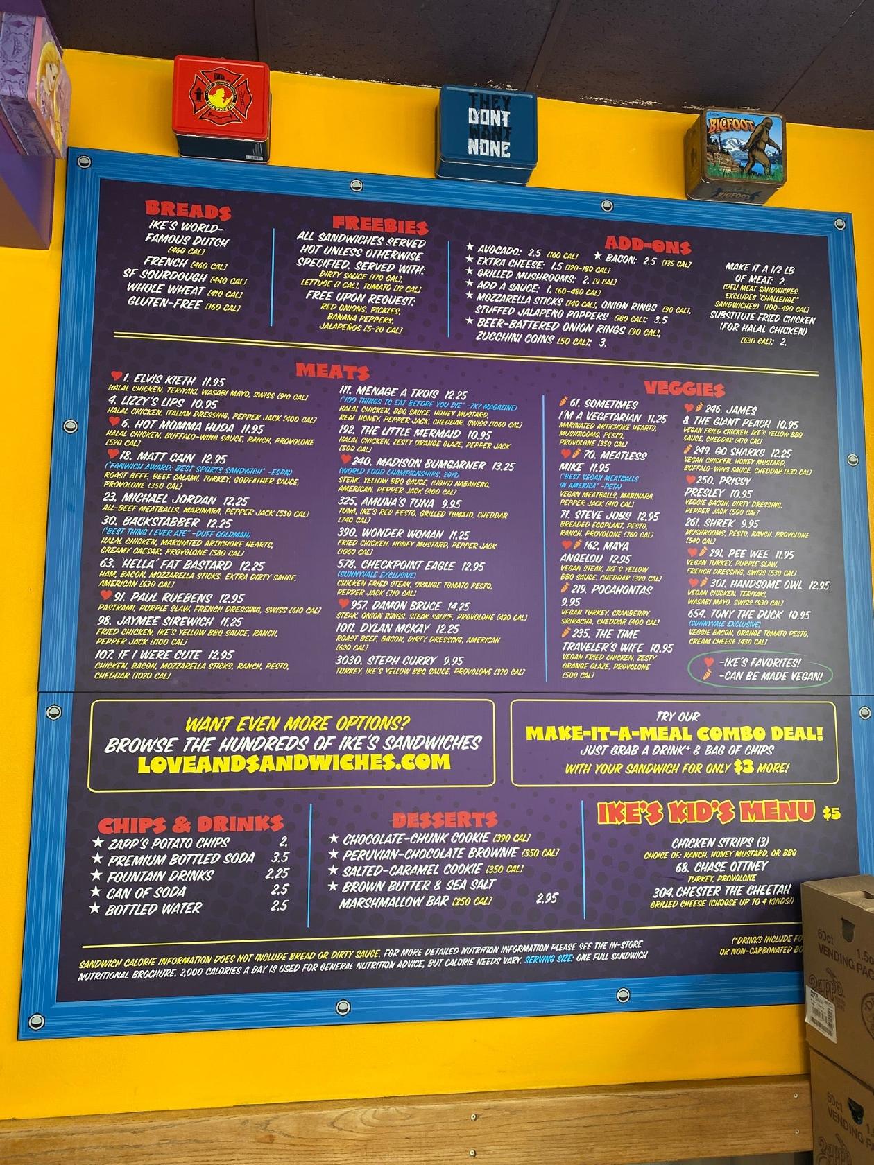 Menu at Ike's Love & Sandwiches restaurant, Sunnyvale