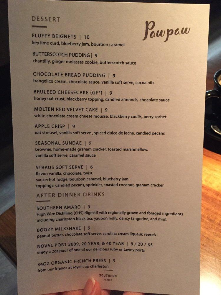 Menu at Pawpaw pub & bar, Charleston, 209 E Bay St