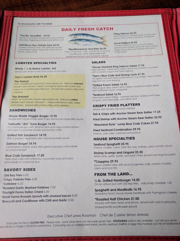 Menu at Sam's Chowder House restaurant, Half Moon Bay