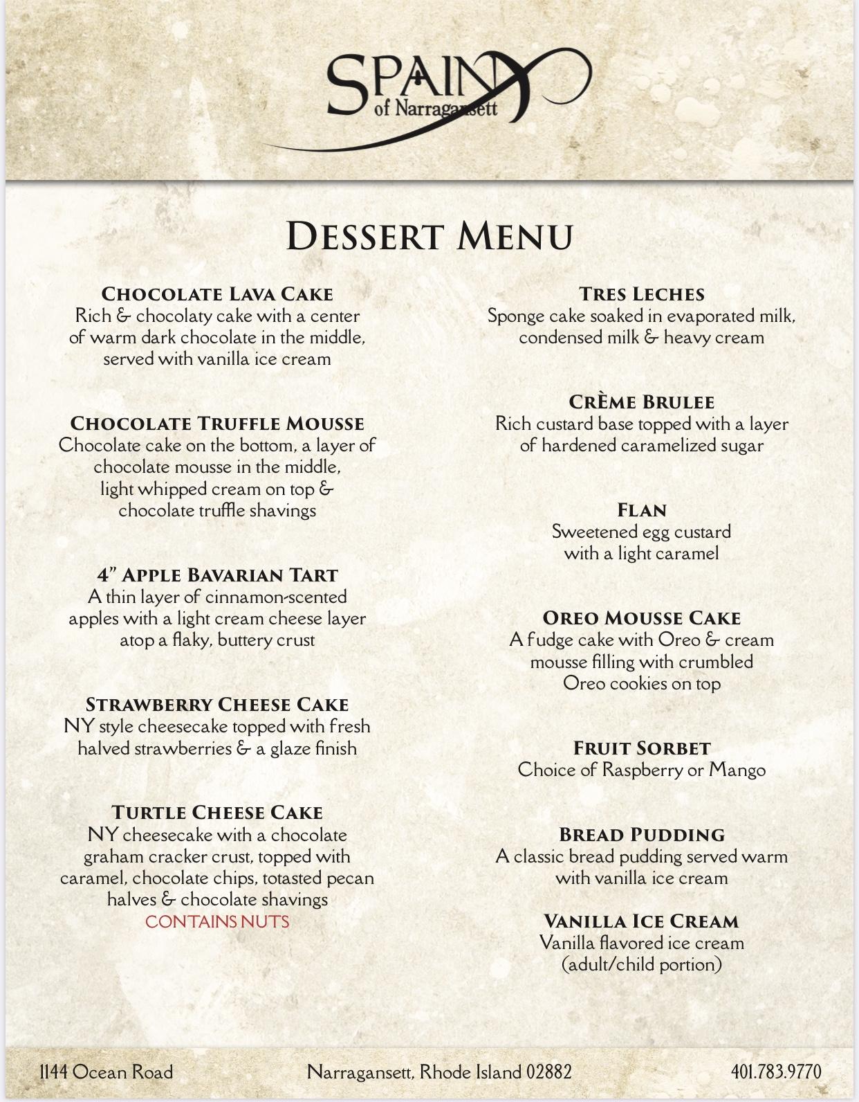 Menu at Spain of Narragansett, Inc restaurant, Narragansett, Ocean Rd