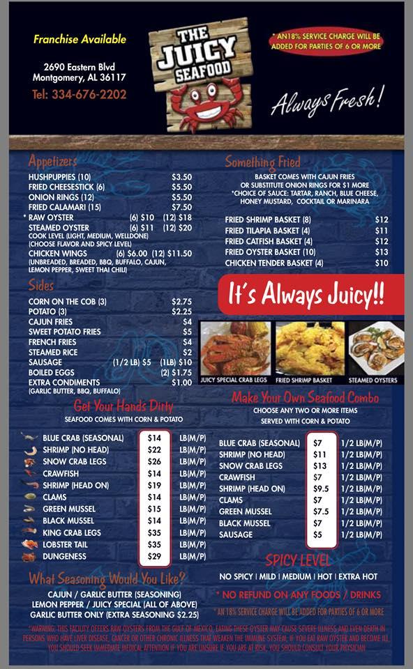 Menu at The Juicy Seafood restaurant, Dothan