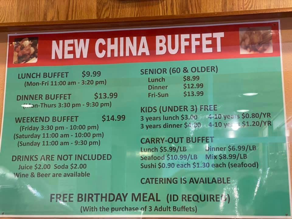 Menu at New China Buffet restaurant, Corvallis