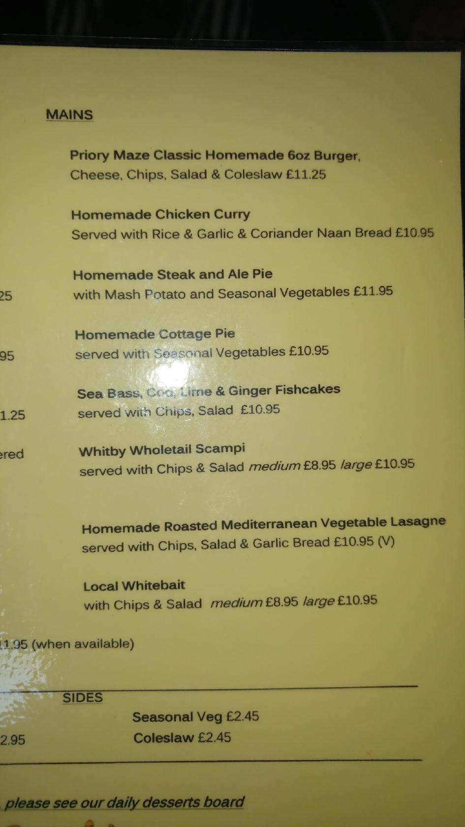 Menu At Priory Maze And Gardens Cafe Sheringham