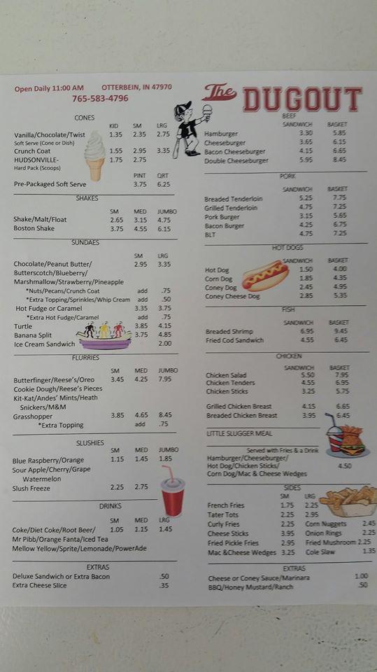 Menu at The Dugout restaurant, Otterbein