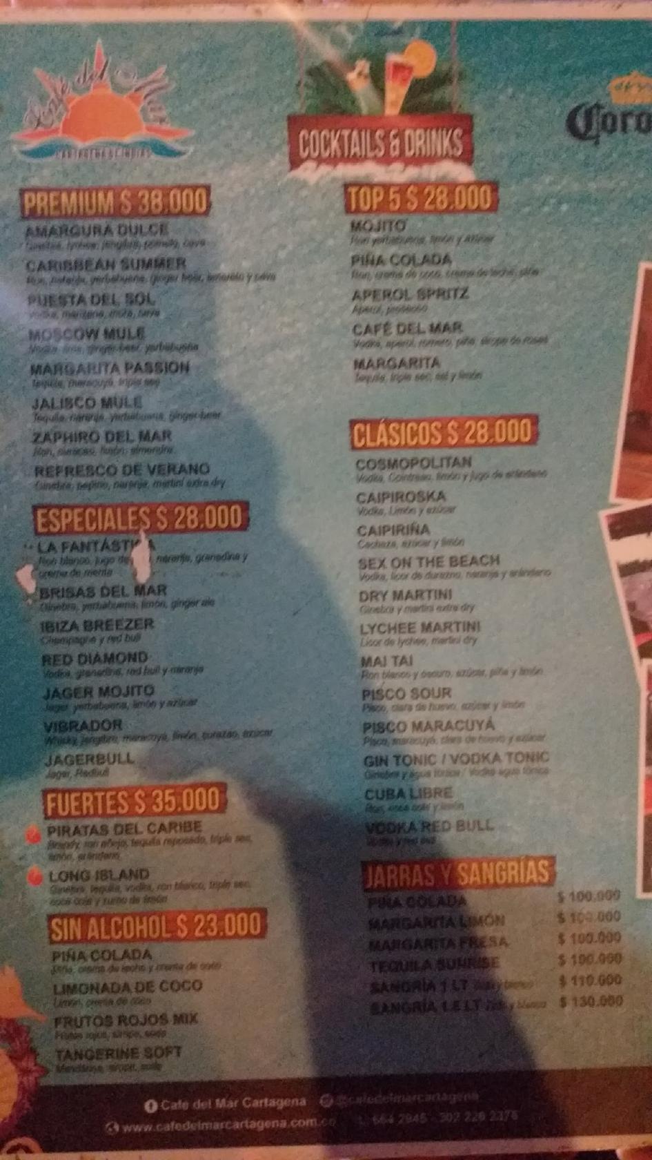 Menu at Café del Mar Ltda., Cartagena, Baluarte de Santo Domingo