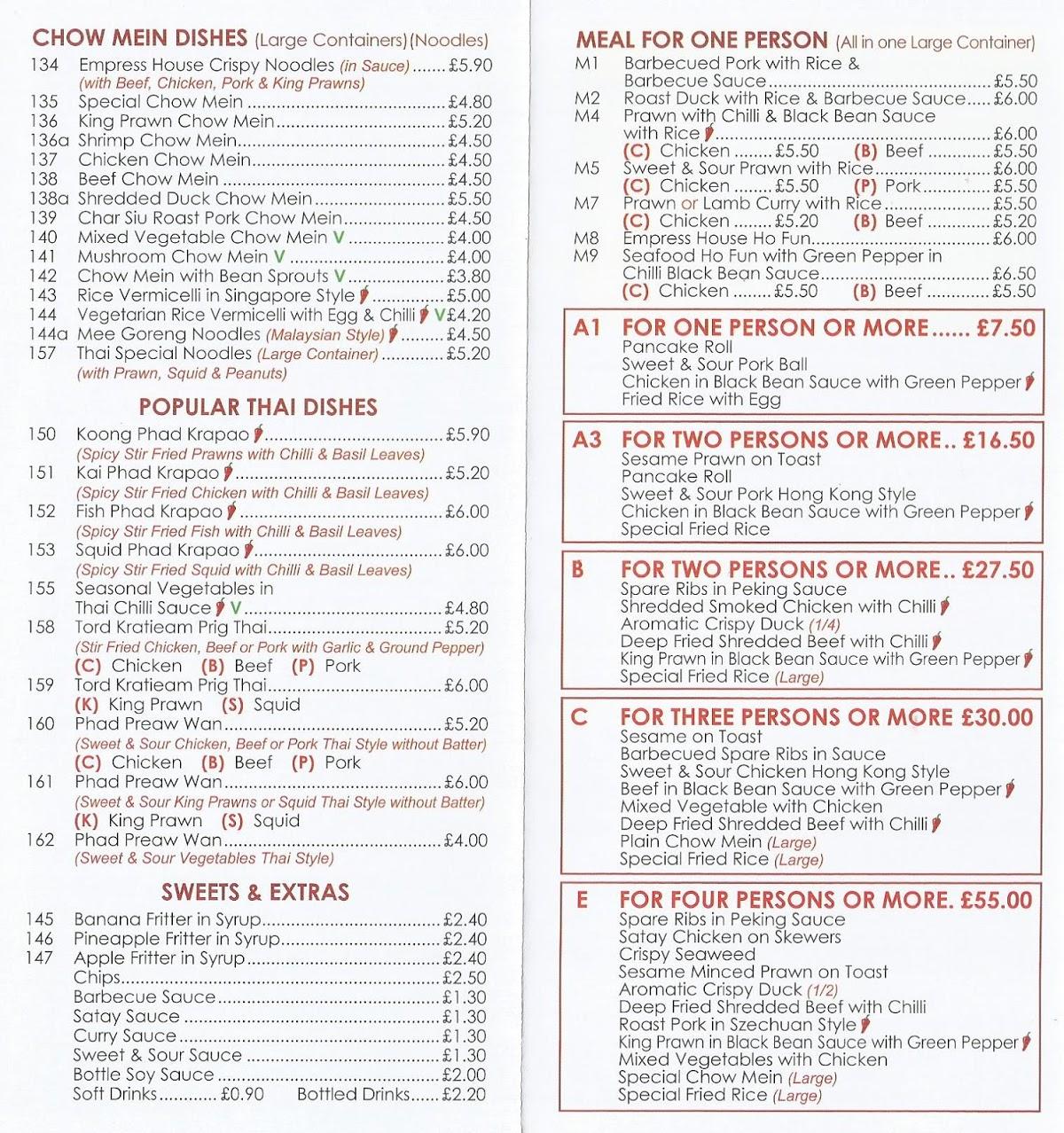 Menu at Empress fast food, London, 79 High Rd