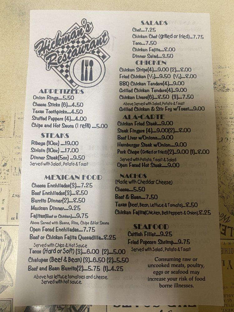 Menu at Hickman's Restaurant, Aspermont