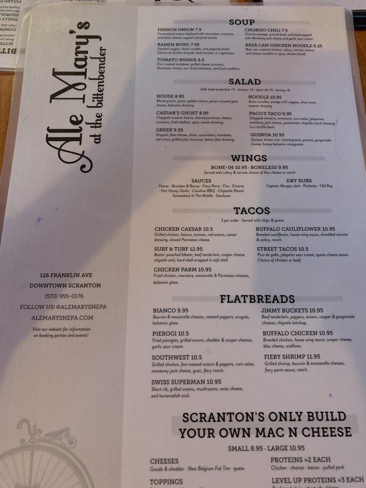 Menu at Ale Mary's at the Bittenbender pub & bar, Scranton