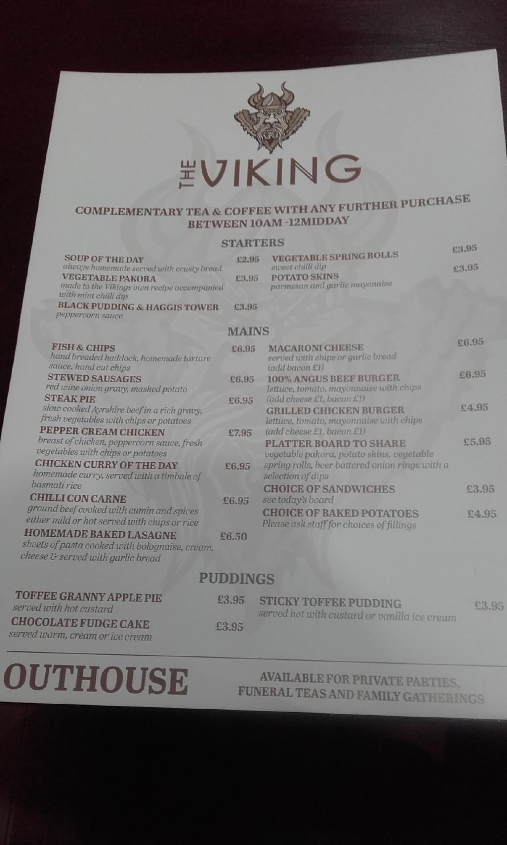 Menu At The Viking Bar Glasgow