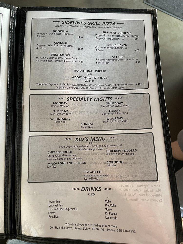 Menu at sidelines grill pub & bar, Pleasant View