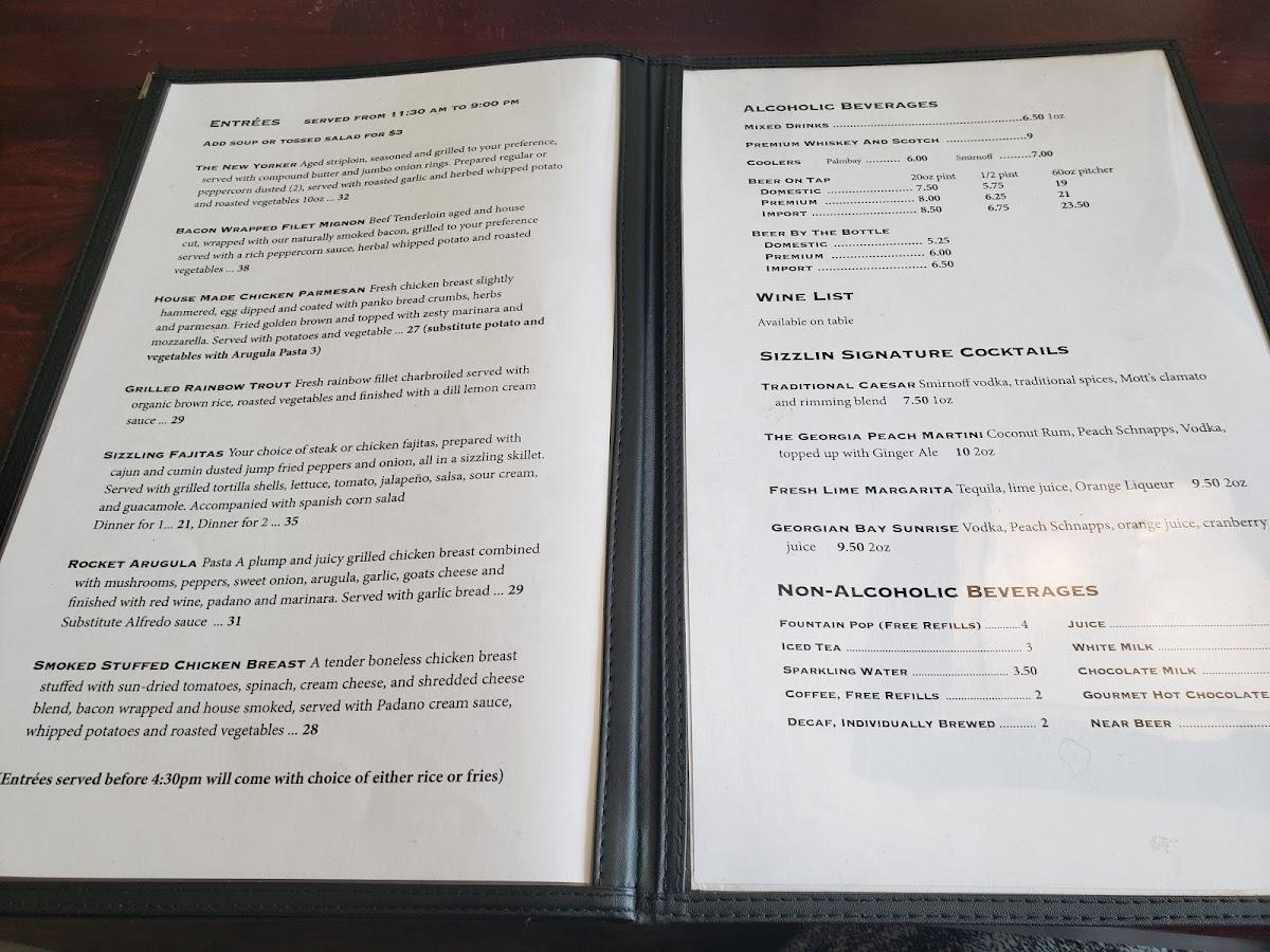 Menu at Sizzlin Restaurant, Owen Sound, 229 9th St E