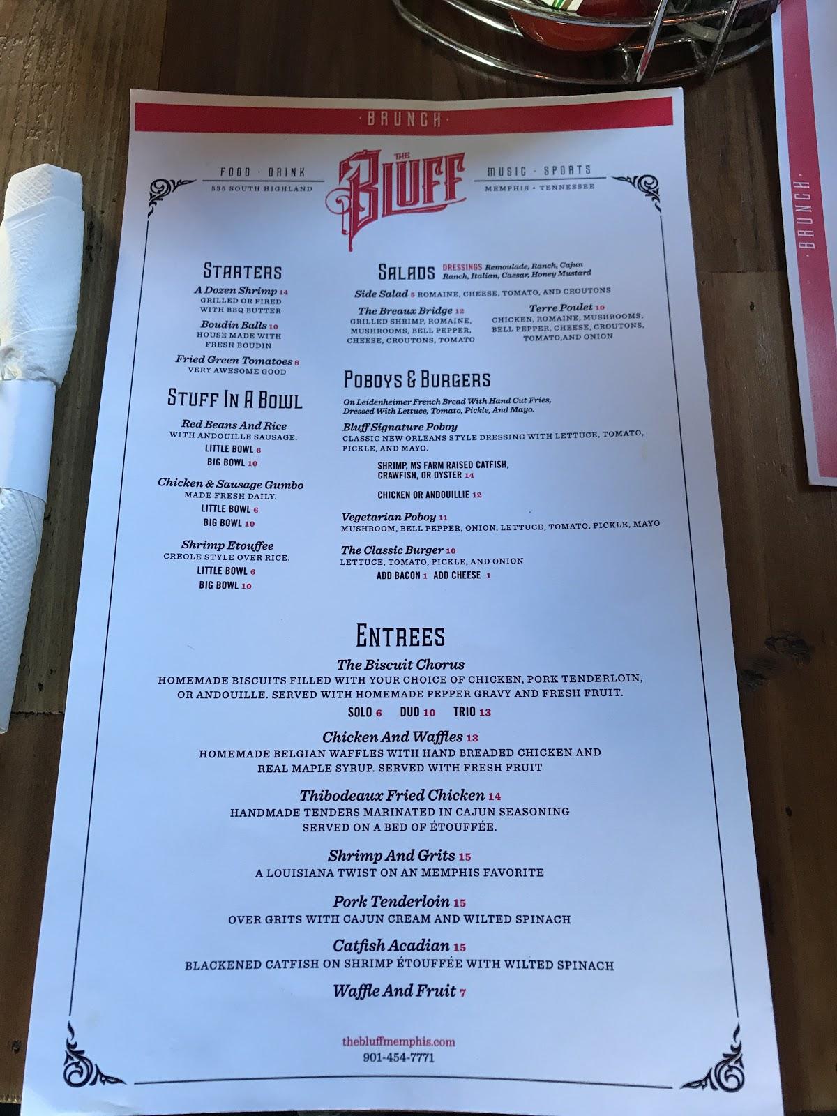 Menu at The Bluff pub & bar, Memphis