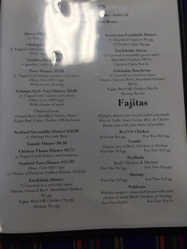 Menu at Jose's Cantina steakhouse, Bolivar Peninsula, TX87