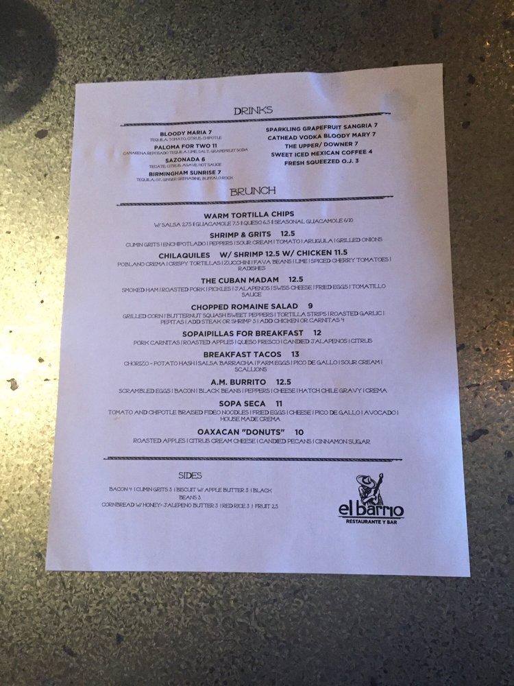 Menu at El Barrio, Birmingham, 2nd Ave N
