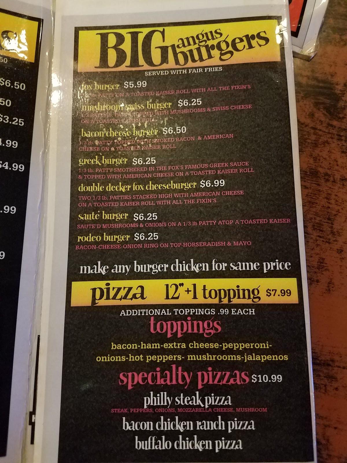 Menu at Red Fox Inn pub & bar, Erie