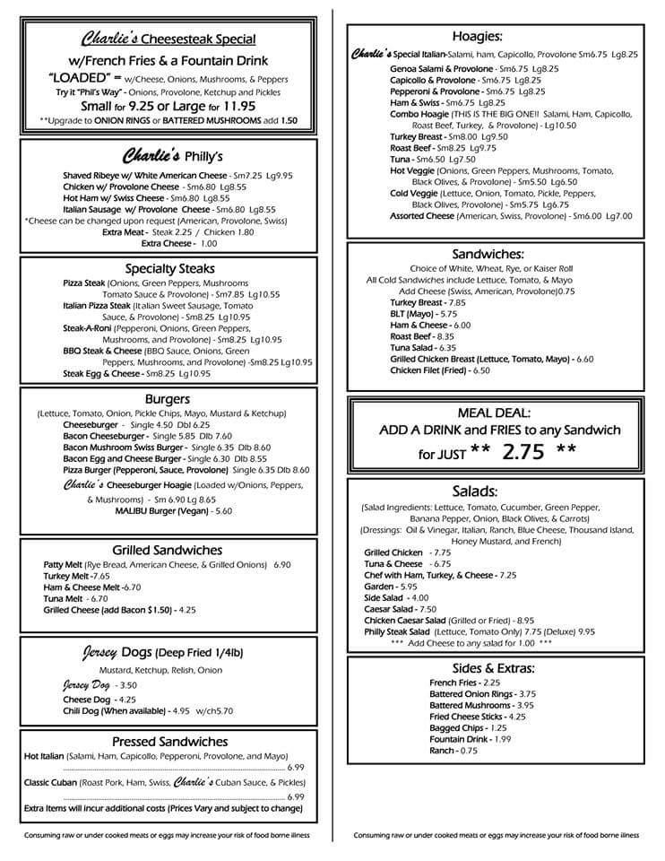 Menu at Charlie's Steak & Hoagie restaurant, Sarasota